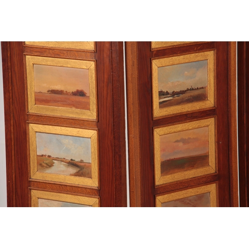 972 - AN ART DECO STYLE OAK FOUR FOLD SCREEN having 32 impressionist oils on board landscape panels depict... 