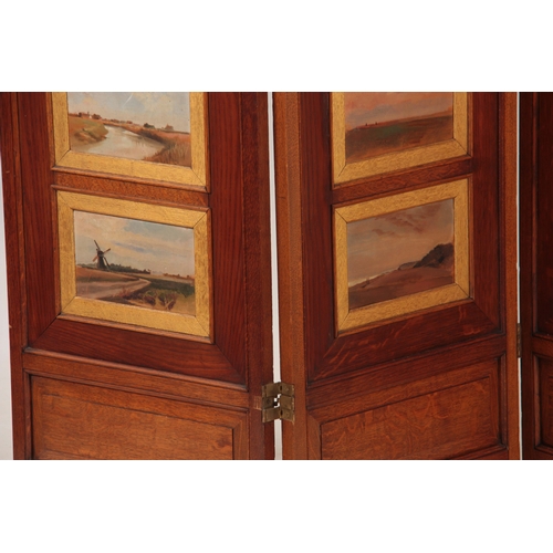 972 - AN ART DECO STYLE OAK FOUR FOLD SCREEN having 32 impressionist oils on board landscape panels depict... 