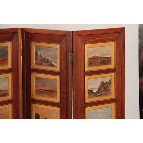 972 - AN ART DECO STYLE OAK FOUR FOLD SCREEN having 32 impressionist oils on board landscape panels depict... 