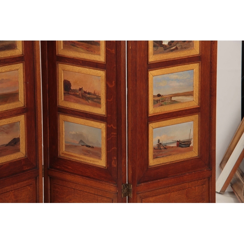 972 - AN ART DECO STYLE OAK FOUR FOLD SCREEN having 32 impressionist oils on board landscape panels depict... 