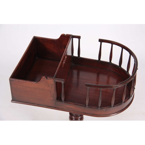 991 - A LATE GEORGIAN MAHOGANY PORTABLE BUTLERS STAND with divided box top and bowed galleried drinks tray... 