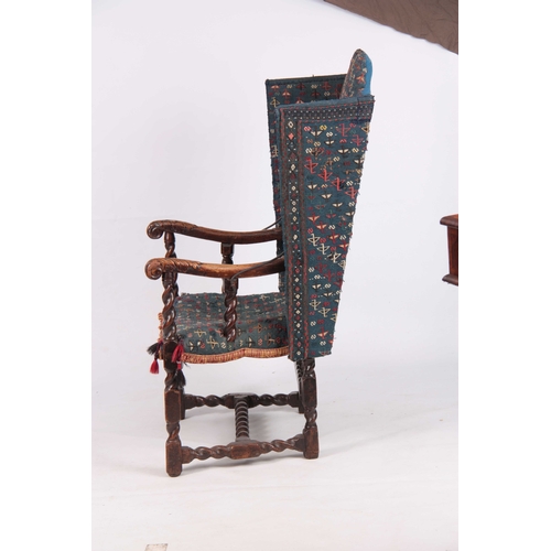 996 - A HIGHLY UNUSUALLY WALNUT CHARLES II RECLINING WING ARMCHAIR with hinged upholstered back and seat o... 