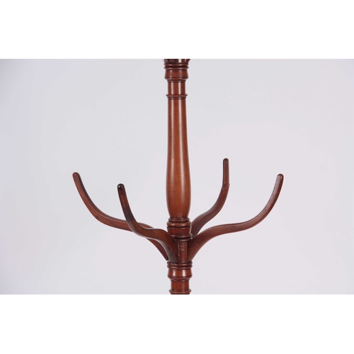 998 - A LATE GEORGIAN THREE TIER MAHOGANY COAT AND HAT STAND with curved hooks and tapering ring turned sl... 