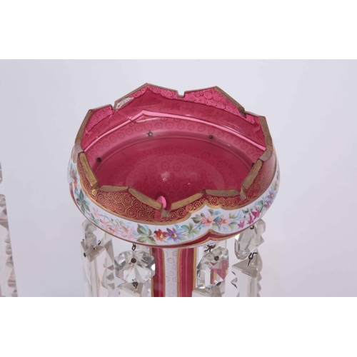 10 - A PAIR OF 19TH CENTURY BOHEMIAN STYLE RUBY AND OPAQUE GLASS LUSTRES with gilt and painted floral dec... 