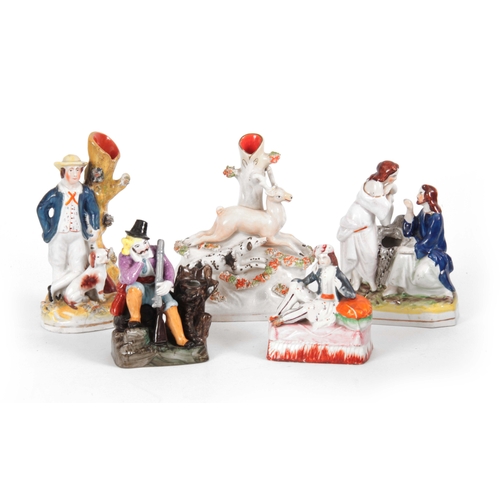 100 - A SELECTION OF FIVE 19TH CENTURY STAFFORDSHIRE FIGURES comprising of a hound hunting staff spill vas... 