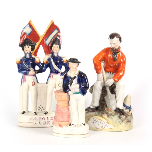 101 - A SELECTION OF THREE 19TH CENTURY STAFFORDSHIRE FIGURES comprising Garibaldi at Home - 24cm high 13c... 