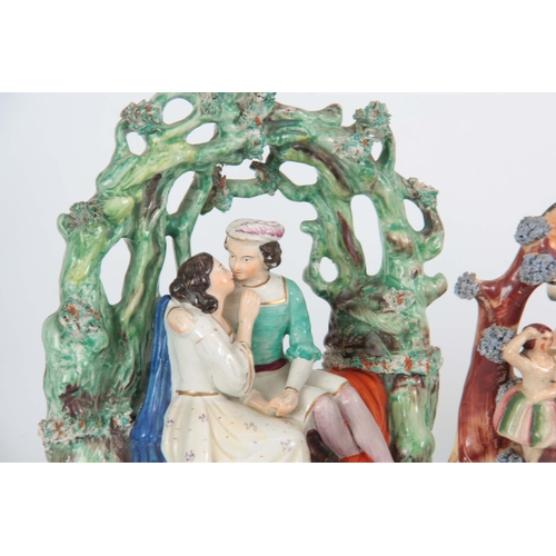 104 - A SELECTION OF FOUR 19TH CENTURY STAFFORDSHIRE FIGURE GROUPS comprising one with musicians and sheep... 