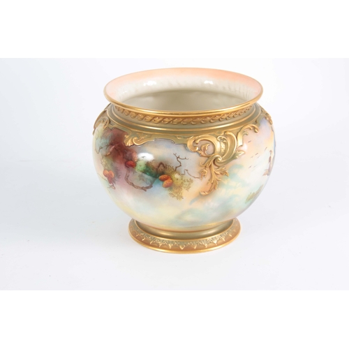 107 - A SIGNED ROYAL WORCESTER JARDINAIRE of ovoid shape with gilt foot, the body painted with peacocks in... 