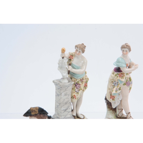 113 - A SELECTION OF DRESDEN STYLE DECORATIVE PORCELAIN comprising of A classical figure Group with cat 17... 