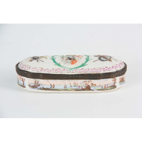 117 - AN 18TH / EARLY 19TH CENTURY SHAPED RECTANGULAR CONTINENTAL PORCELAIN BOX with star work  gilt brass... 