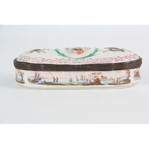 117 - AN 18TH / EARLY 19TH CENTURY SHAPED RECTANGULAR CONTINENTAL PORCELAIN BOX with star work  gilt brass... 