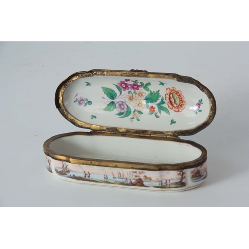 117 - AN 18TH / EARLY 19TH CENTURY SHAPED RECTANGULAR CONTINENTAL PORCELAIN BOX with star work  gilt brass... 