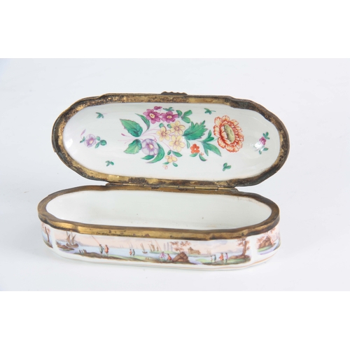 117 - AN 18TH / EARLY 19TH CENTURY SHAPED RECTANGULAR CONTINENTAL PORCELAIN BOX with star work  gilt brass... 