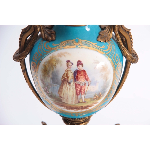 119 - A PAIR OF 19TH CENTURY FRENCH ORMOLU MOUNTED SEVRES STYLE URN-SHAPED VASES with square raised bases ... 