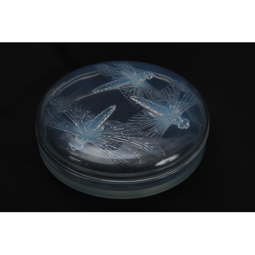 36 - AN R, LALIQUE LIBELLUBLES OPALESCENT GLASS JAR AND COVER decorated with Dragon Flies to the lid, sig... 