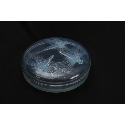 36 - AN R, LALIQUE LIBELLUBLES OPALESCENT GLASS JAR AND COVER decorated with Dragon Flies to the lid, sig... 