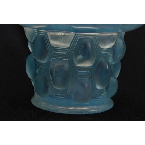 39 - A R LALIQUE BEUTRELLIS GLASS OPALESCENT VASE WITH BLUE STAINING having a dished top and narrow base ... 