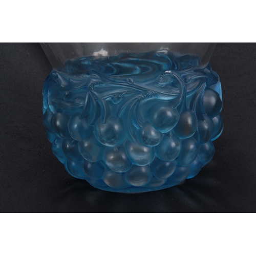 40 - A R LALIQUE 'CERISES' CLEAR AND FROSTED BLUE GLASS VASE with angled rim above a continuous band of c... 