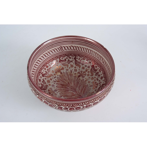 61 - A 20TH CENTURY CANTEGALI RUBY LUSTRE BOWL decorated with birds, bearing painted cockerel mark 11cm h... 