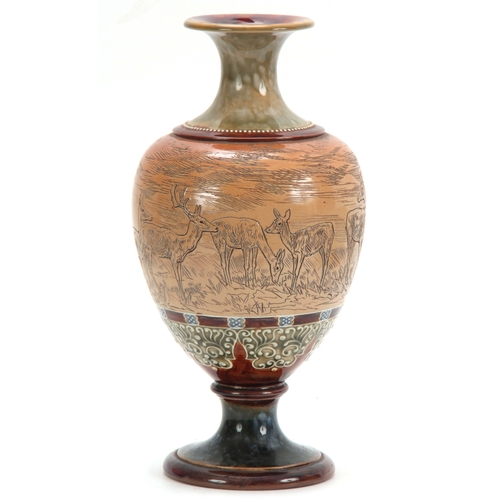 68 - A 19TH CENTURY DOULTON LAMBETH VASE BY HANNAH BARLOW decorated with a continuous band of grazing dee... 