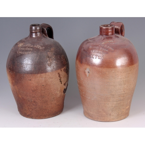 74 - TWO 18TH CENTURY 2 GALLON FULHAM SALT GLAZED STONEWARE ALE JUGS with impressed names to the fronts 3... 