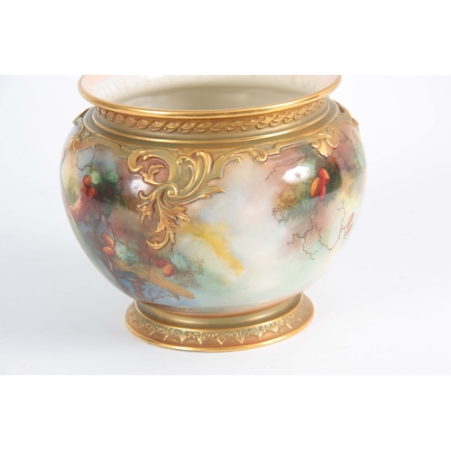 107 - A SIGNED ROYAL WORCESTER JARDINAIRE of ovoid shape with gilt foot, the body painted with peacocks in... 