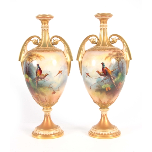 108 - A. LEWIS. A PAIR OF ROYAL WORCESTER VASES of ovoid shape on socle feet with slender gilt necks and s... 