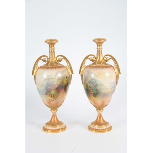 108 - A. LEWIS. A PAIR OF ROYAL WORCESTER VASES of ovoid shape on socle feet with slender gilt necks and s... 