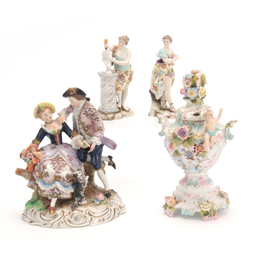 113 - A SELECTION OF DRESDEN STYLE DECORATIVE PORCELAIN comprising of A classical figure Group with cat 17... 