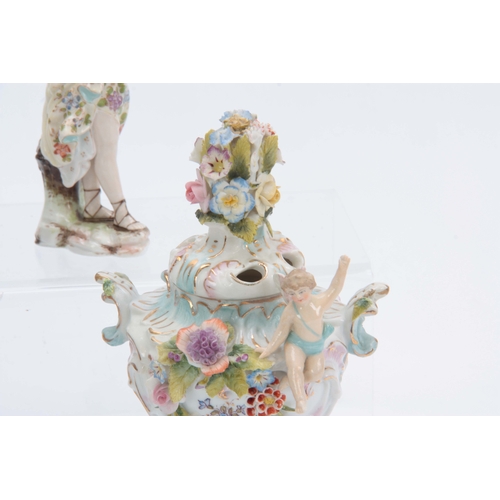 113 - A SELECTION OF DRESDEN STYLE DECORATIVE PORCELAIN comprising of A classical figure Group with cat 17... 