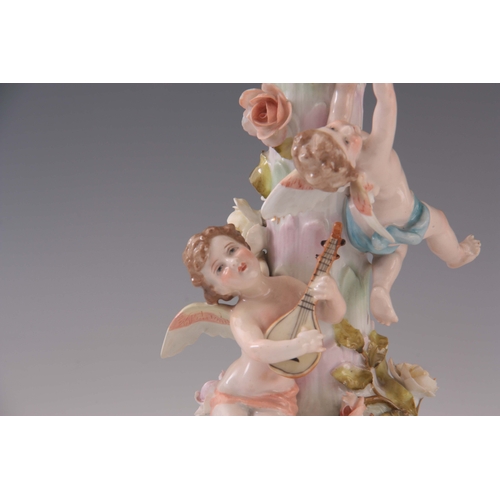 114 - TWO 19TH CENTURY DRESDEN PORCELAIN COMPOTE CENTREPIECES with figural cherub bases and pierced basket... 