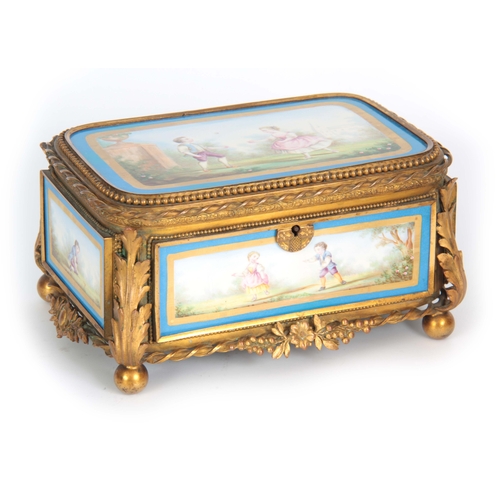 118 - A 19TH CENTURY FRENCH SEVRES STYLE PORCELAIN PANELLED AND GILT METAL MOUNTED JEWELLERY CASKET with a... 