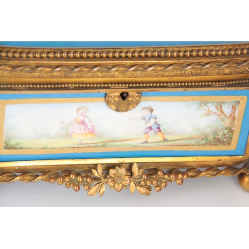 118 - A 19TH CENTURY FRENCH SEVRES STYLE PORCELAIN PANELLED AND GILT METAL MOUNTED JEWELLERY CASKET with a... 