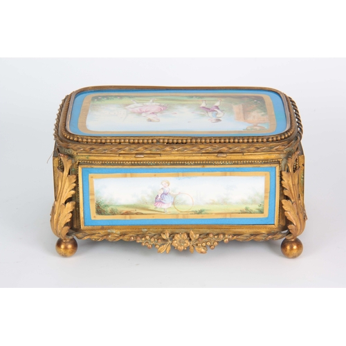 118 - A 19TH CENTURY FRENCH SEVRES STYLE PORCELAIN PANELLED AND GILT METAL MOUNTED JEWELLERY CASKET with a... 