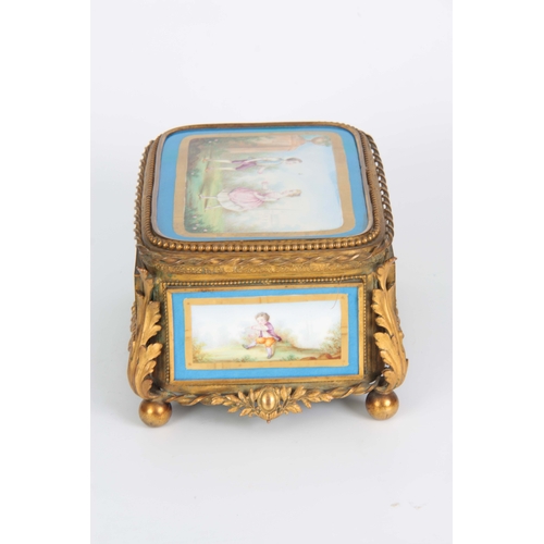 118 - A 19TH CENTURY FRENCH SEVRES STYLE PORCELAIN PANELLED AND GILT METAL MOUNTED JEWELLERY CASKET with a... 