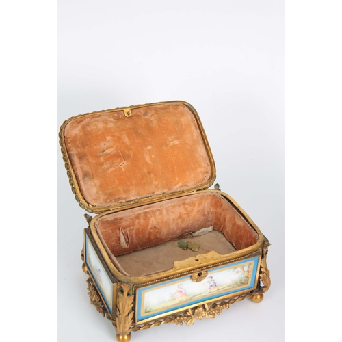 118 - A 19TH CENTURY FRENCH SEVRES STYLE PORCELAIN PANELLED AND GILT METAL MOUNTED JEWELLERY CASKET with a... 