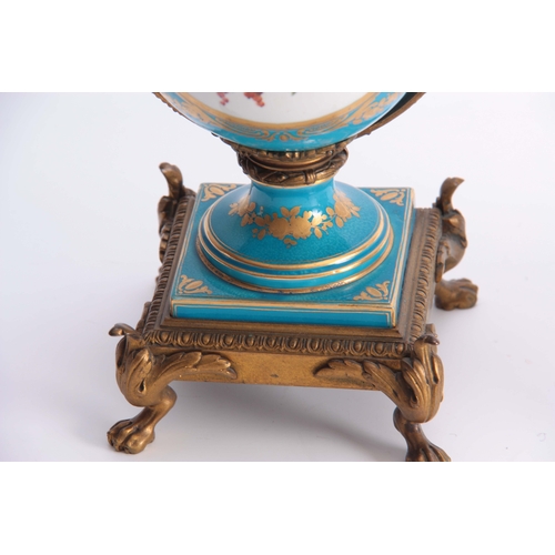 119 - A PAIR OF 19TH CENTURY FRENCH ORMOLU MOUNTED SEVRES STYLE URN-SHAPED VASES with square raised bases ... 