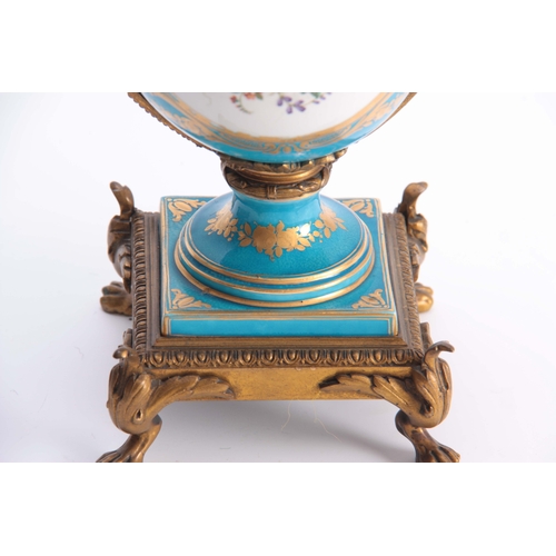 119 - A PAIR OF 19TH CENTURY FRENCH ORMOLU MOUNTED SEVRES STYLE URN-SHAPED VASES with square raised bases ... 