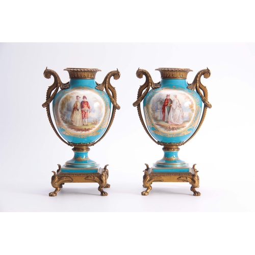 119 - A PAIR OF 19TH CENTURY FRENCH ORMOLU MOUNTED SEVRES STYLE URN-SHAPED VASES with square raised bases ... 