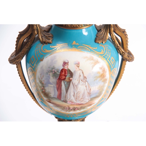 119 - A PAIR OF 19TH CENTURY FRENCH ORMOLU MOUNTED SEVRES STYLE URN-SHAPED VASES with square raised bases ... 