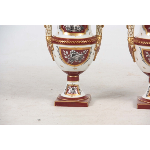 122 - A PAIR OF 19TH CENTURY PARIS HARD PORCELAIN CAMPAGNE SHAPED VASES with gilded rust panels and border... 