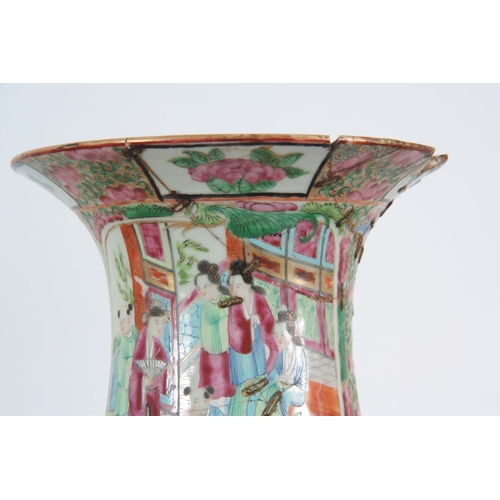 142 - A LARGE PAIR OF 19th CENTURY CHINESE CANTON VASES decorated in the Famille Rose palette depicting ma... 