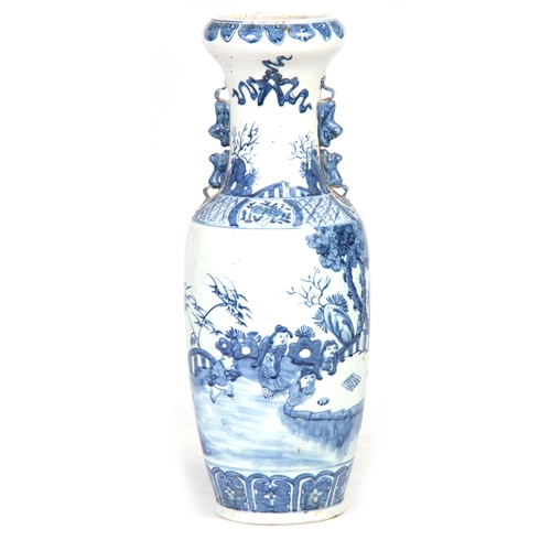 143 - A LARGE 19TH CENTURY CHINESE BLUE AND WHITE VASE having a slender neck with foo dog side handles, de... 