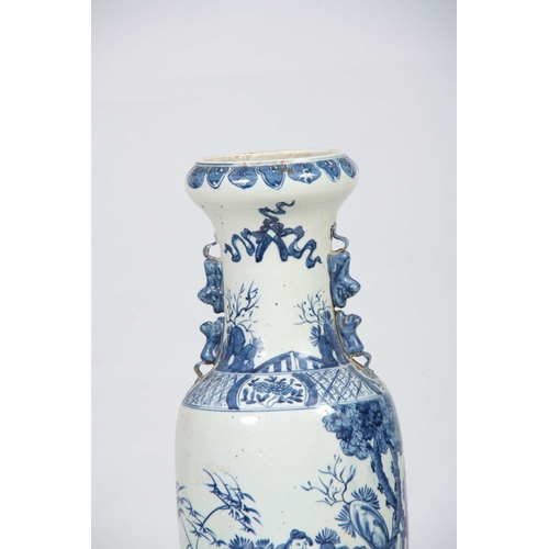 143 - A LARGE 19TH CENTURY CHINESE BLUE AND WHITE VASE having a slender neck with foo dog side handles, de... 