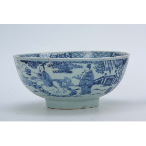 144 - A 19TH CENTURY BLUE AND WHITE CHINESE BOWL decorated with figural garden scenes 10cm high TOGETHER W... 