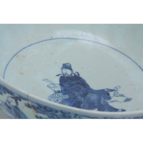 144 - A 19TH CENTURY BLUE AND WHITE CHINESE BOWL decorated with figural garden scenes 10cm high TOGETHER W... 