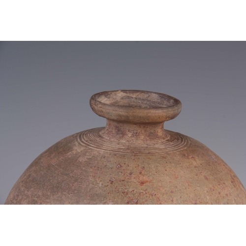 145 - THREE ANTIQUE CHINESE UNGLAZED STONEWARE VASES one of spherical shape 20cm, another ovoid with two s... 