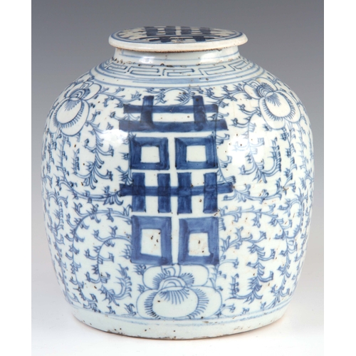 149 - A CHINESE JIAQING PERIOD BLUE AND WHITE PORCELAIN LIDDED GINGER JAR, in leafy design with double hap... 