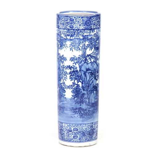 150 - A LATE 19TH CENTURY CHINESE BLUE AND WHITE STICK STAND decorated with standing figures in a garden s... 