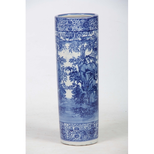 150 - A LATE 19TH CENTURY CHINESE BLUE AND WHITE STICK STAND decorated with standing figures in a garden s... 